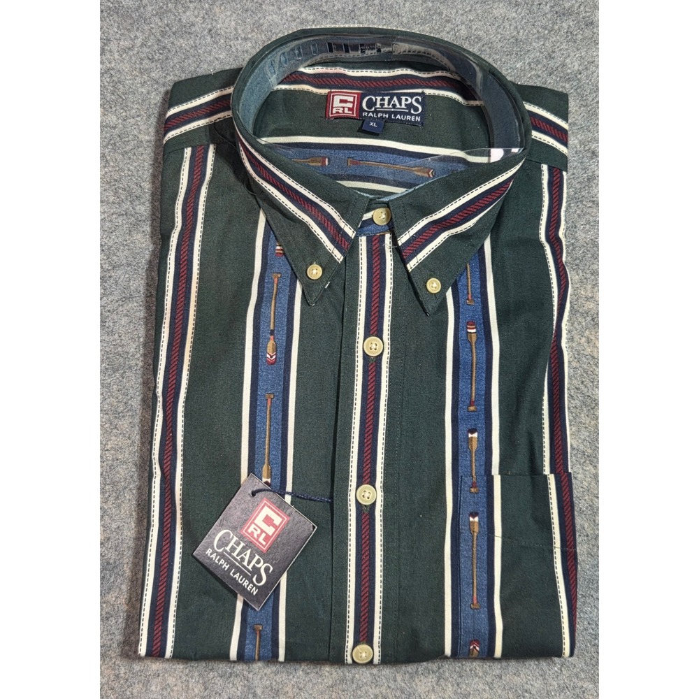 Vintage Chaps Ralph Lauren Mens XL Green Striped Oar Print Button Down Shirt NWT